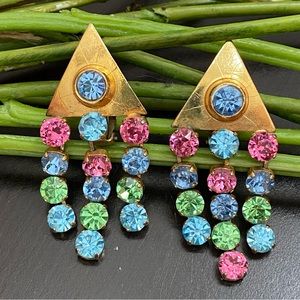 Unique Vintage Unsigned Multicolored Stones Waterfalls Clip Statement Earrings